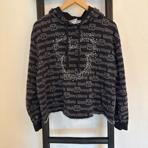 Disney Walt Disney World Black Cropped Rhinestone Mickey Hoodie Large